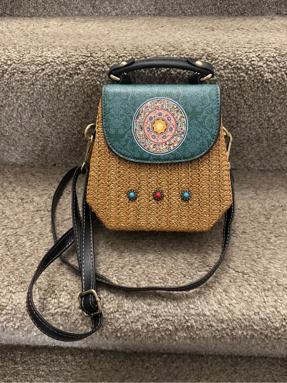 Artisanal crossbody bag woven leatherette straps, Mandala-patterned flap